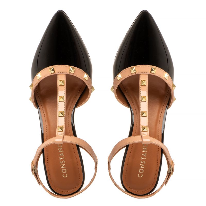 オッフェン　pointed-FRIN / BEIGE & BLACK Scarpin Preto Slingback Verniz Casual - Constance Calçados