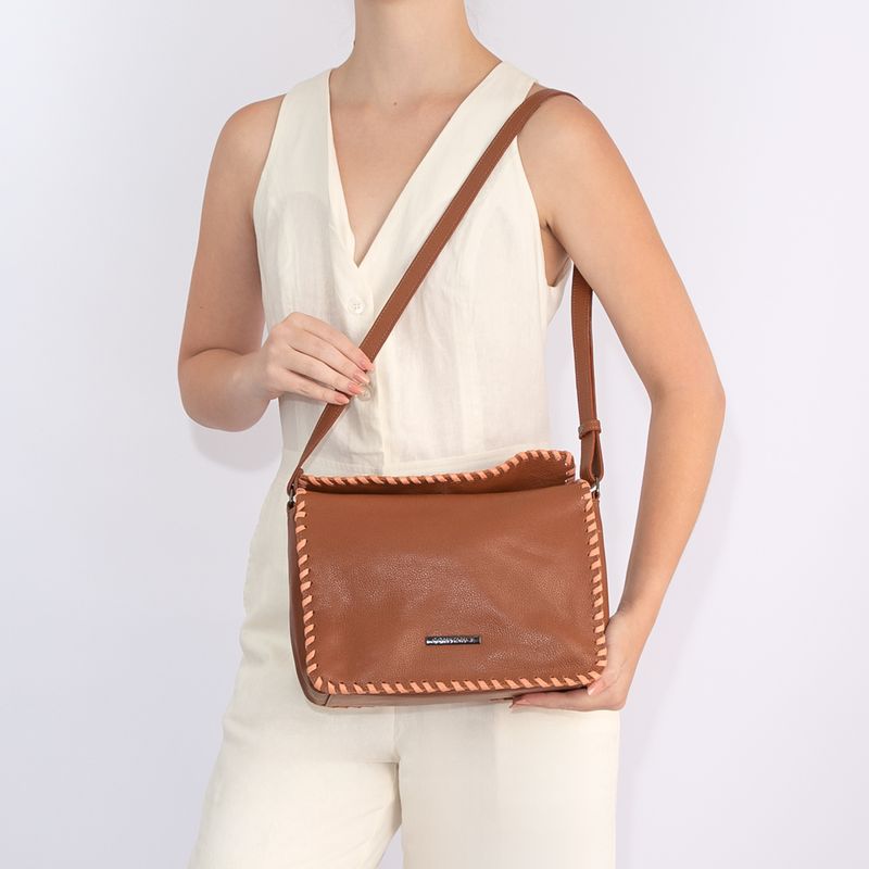 Bolsa Caramelo Couro Pesponto Tiracolo - Constance Calçados