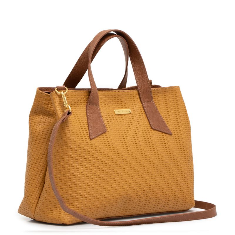 Bolsa Tote Bicolor Mostarda Couro Alça Geométrica - Constance Calçados